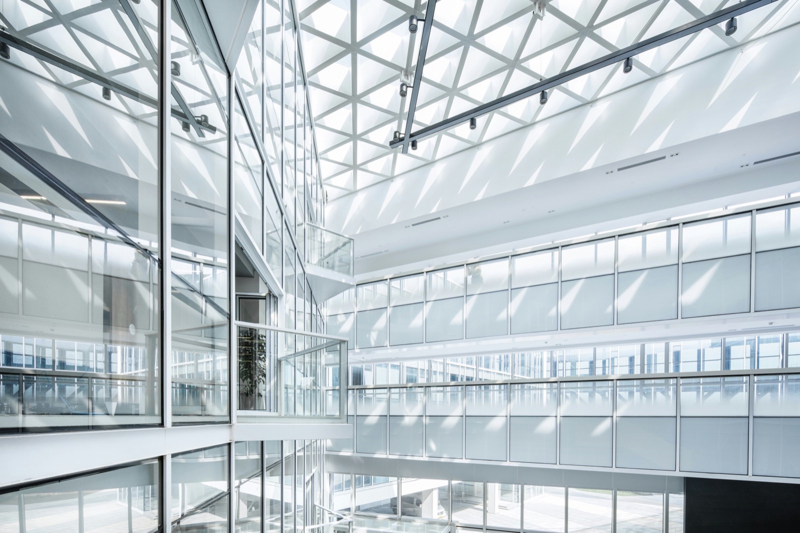 Glass atrium with diagonal skylight casting geometric shadows across modern office levels.